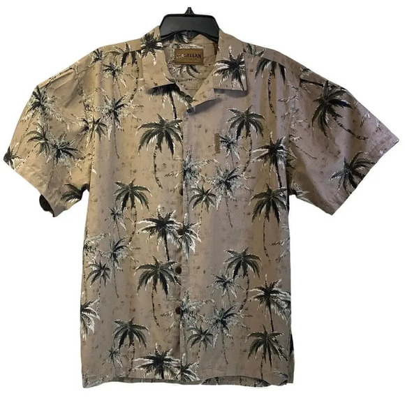 Magellan Sportswear Mens M Brown Hawaiian Tropical Palm Short Sleeves - Picture 1 of 12